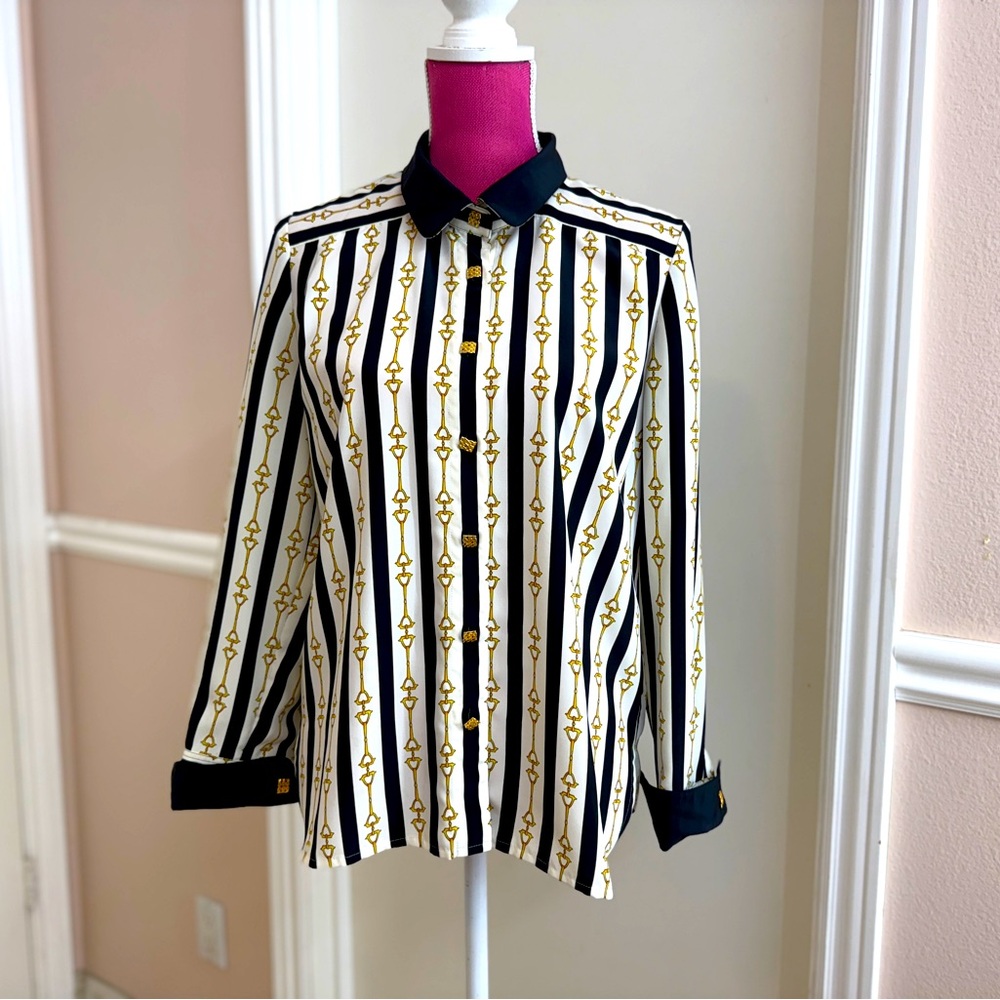 Vintage 80s Made In Japan Women Silk Top w.Gold Button, Matching Cufflink Size S